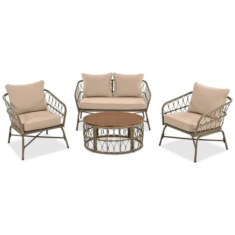 Ensemble de conversation extérieur 4 pièces avec coussins amovibles et plateau en bois