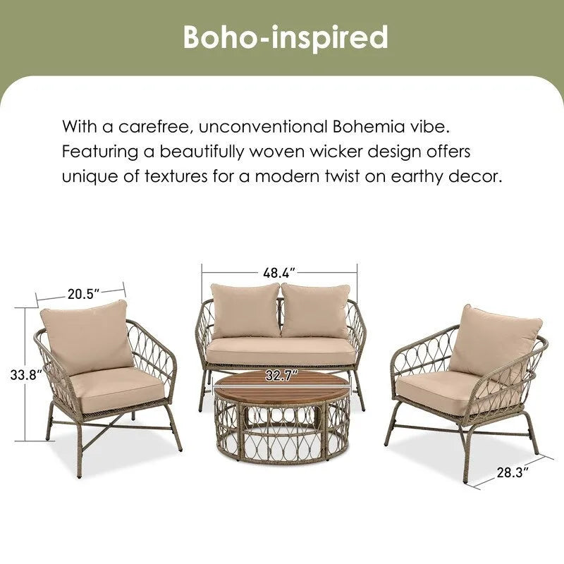 Ensemble de conversation extérieur 4 pièces avec coussins amovibles et plateau en bois
