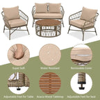 Ensemble de conversation extérieur 4 pièces avec coussins amovibles et plateau en bois
