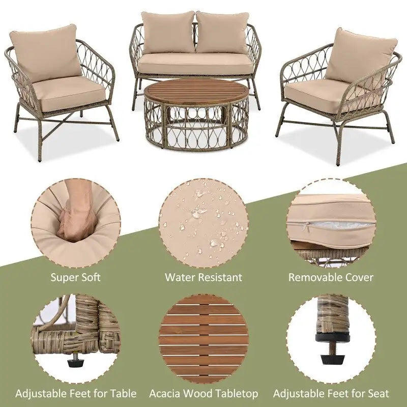 Ensemble de conversation extérieur 4 pièces avec coussins amovibles et plateau en bois