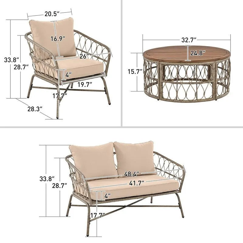 Ensemble de conversation extérieur 4 pièces avec coussins amovibles et plateau en bois