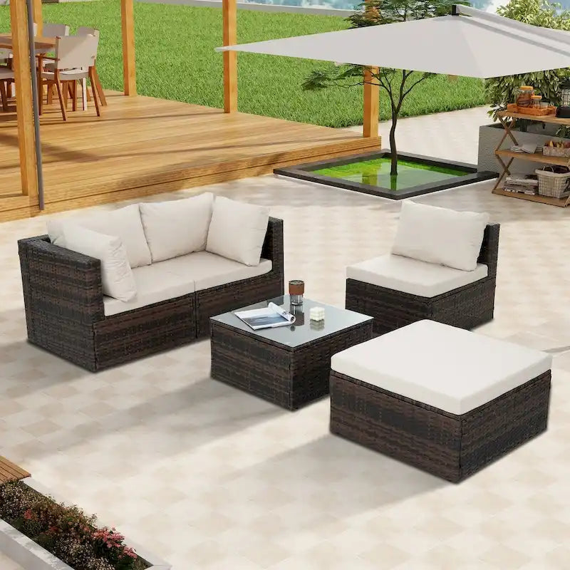 Ensemble de conversation de patio 5 pièces en rotin PE tressé avec coussins