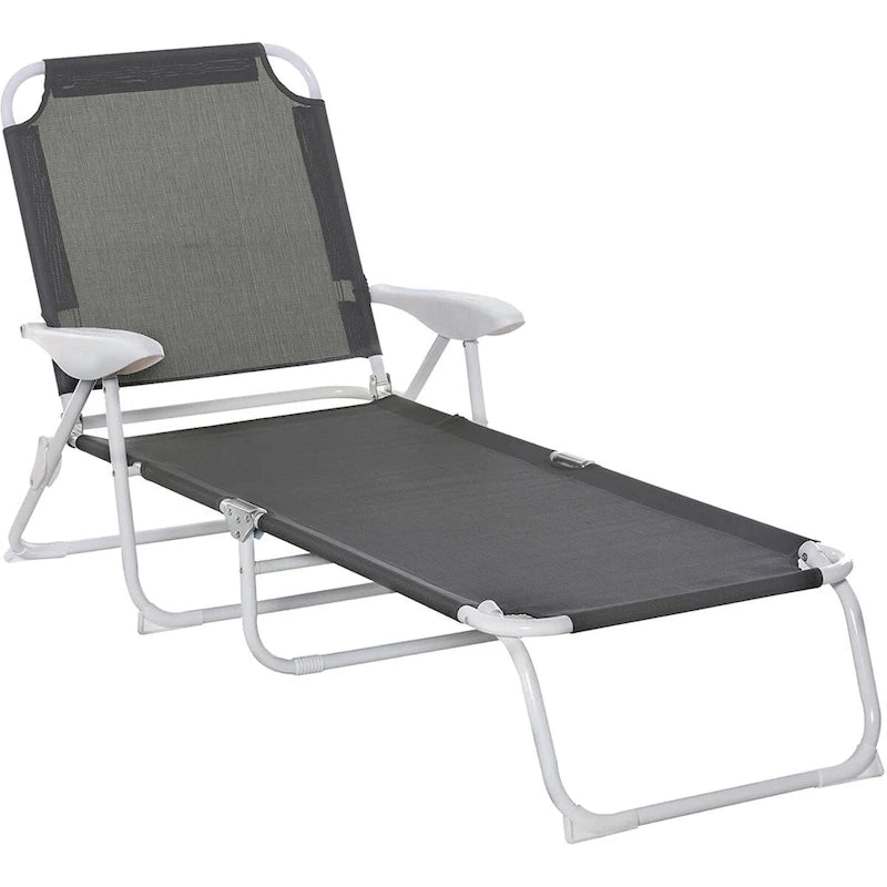 Folding Chaise Lounge, Outdoor Sun Tanning Chair, 4-Position Reclining Back, Armrests, Metal Frame and Mesh Fabric