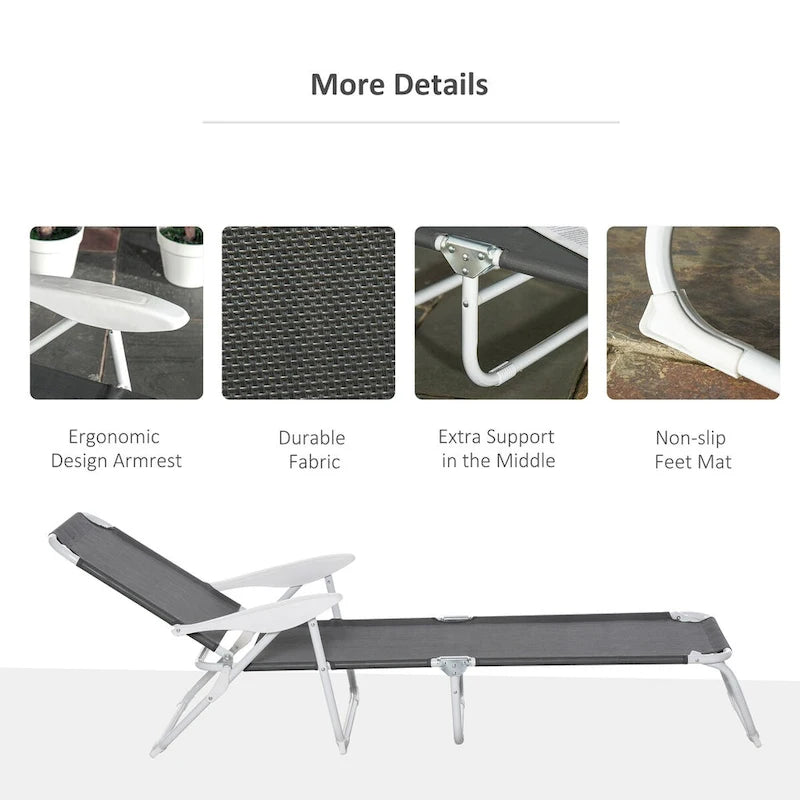 Chaise longue pliante, fauteuil de bronzage d'extérieur, dossier inclinable 4 positions, accoudoirs, structure en métal et tissu en maille