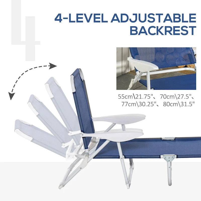 Chaise longue pliante, fauteuil de bronzage d'extérieur, dossier inclinable 4 positions, accoudoirs, structure en métal et tissu en maille