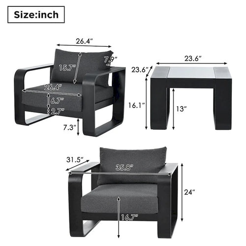 Ensemble de mobilier de jardin en aluminium 3 pièces avec coussin et table basse