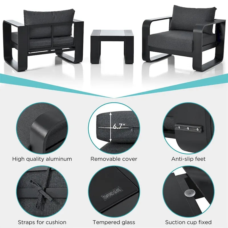 Ensemble de mobilier de jardin en aluminium 3 pièces avec coussin et table basse