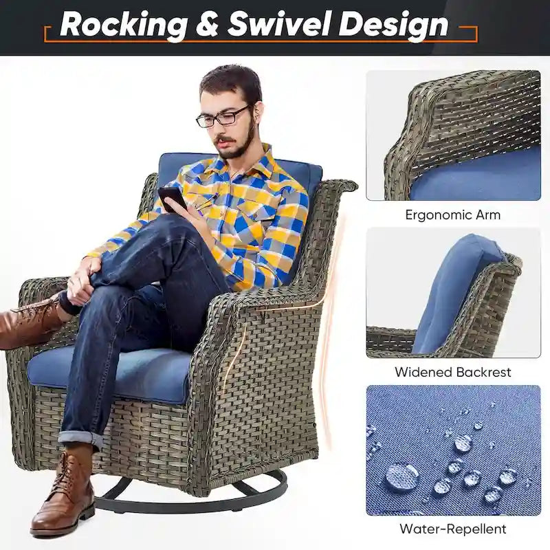 Ensemble de 4 chaises de patio avec repose-pieds, fauteuils à bascule pivotants - Gris