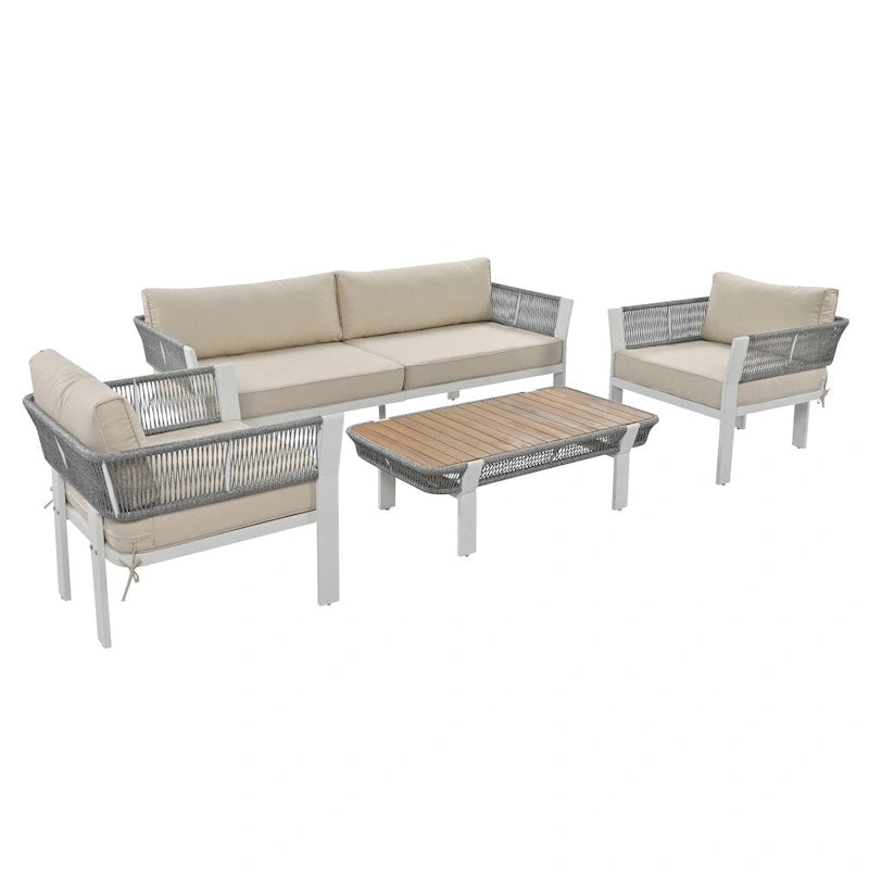 Ensemble de conversation extérieur 4 pièces avec table basse et coussins moelleux