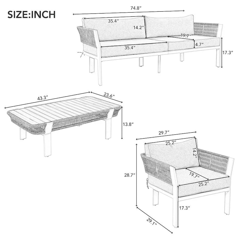 Ensemble de conversation extérieur 4 pièces avec table basse et coussins moelleux