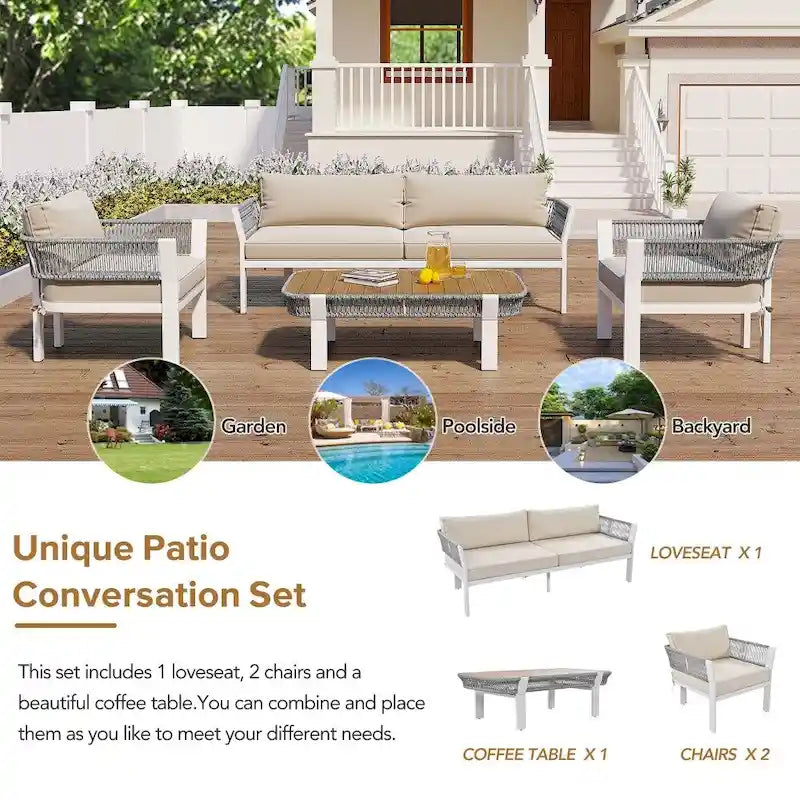 Ensemble de conversation extérieur 4 pièces avec table basse et coussins moelleux