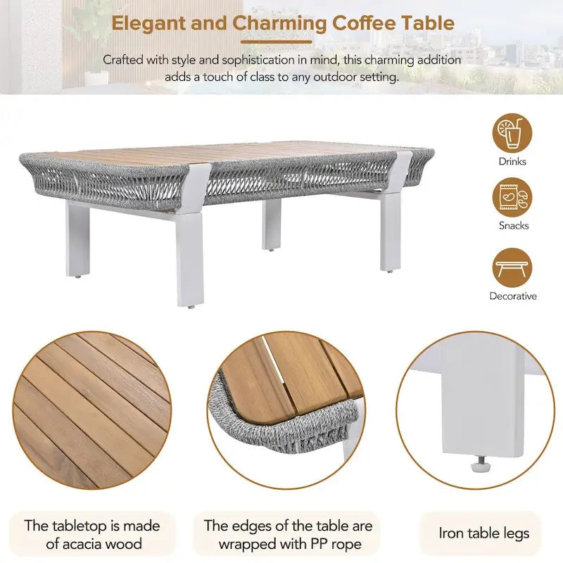 Ensemble de conversation extérieur 4 pièces avec table basse et coussins moelleux