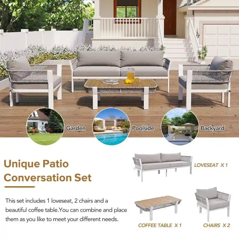 Ensemble de conversation extérieur 4 pièces avec table basse et coussins moelleux