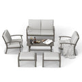 Ensemble de conversation de patio en aluminium 6 pièces comprenant une table basse, un canapé deux places, un pouf et des coussins gris clair