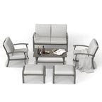 Ensemble de conversation de patio en aluminium 6 pièces comprenant une table basse, un canapé deux places, un pouf et des coussins gris clair