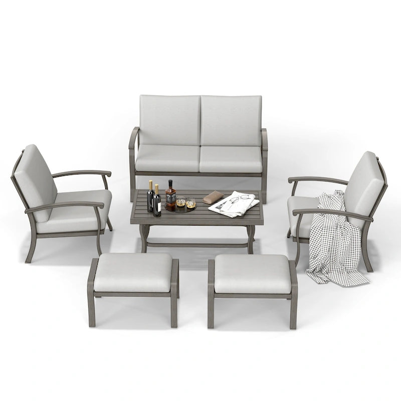 Ensemble de conversation de patio en aluminium 6 pièces comprenant une table basse, un canapé deux places, un pouf et des coussins gris clair