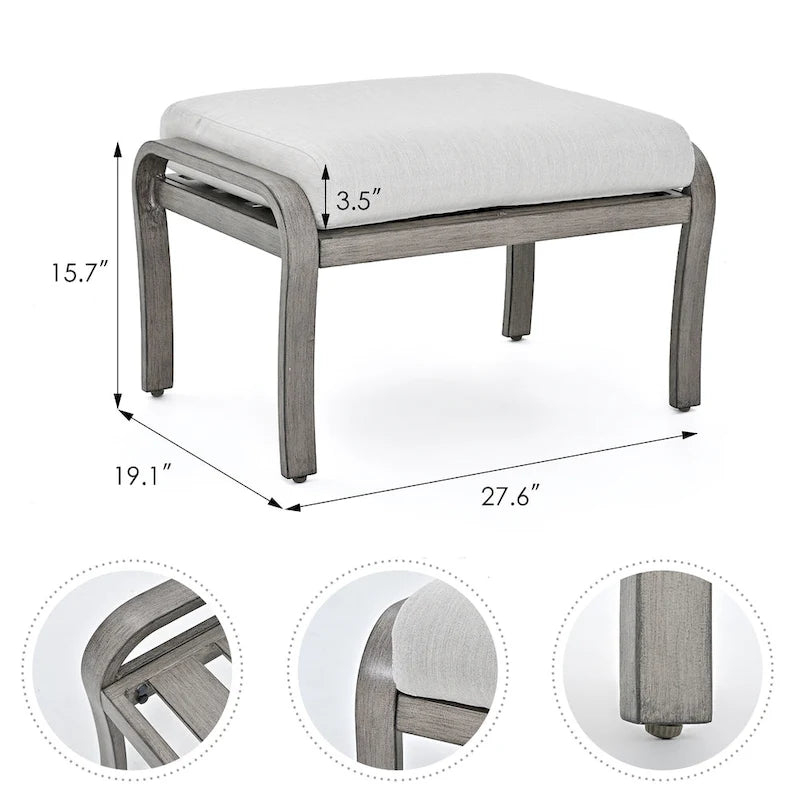 Ensemble de conversation de patio en aluminium 6 pièces comprenant une table basse, un canapé deux places, un pouf et des coussins gris clair