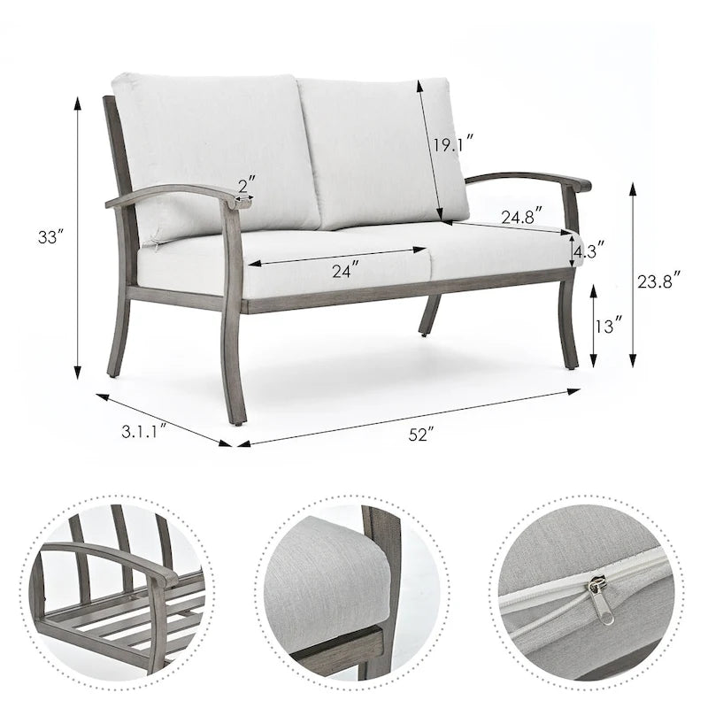 Ensemble de conversation de patio en aluminium 6 pièces comprenant une table basse, un canapé deux places, un pouf et des coussins gris clair