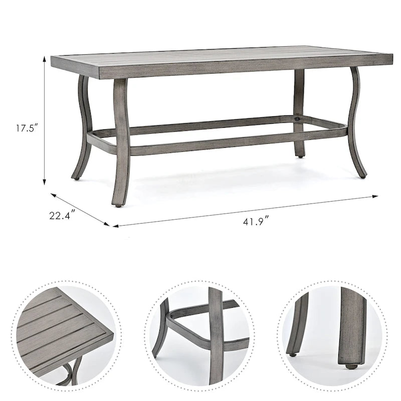 Ensemble de conversation de patio en aluminium 6 pièces comprenant une table basse, un canapé deux places, un pouf et des coussins gris clair
