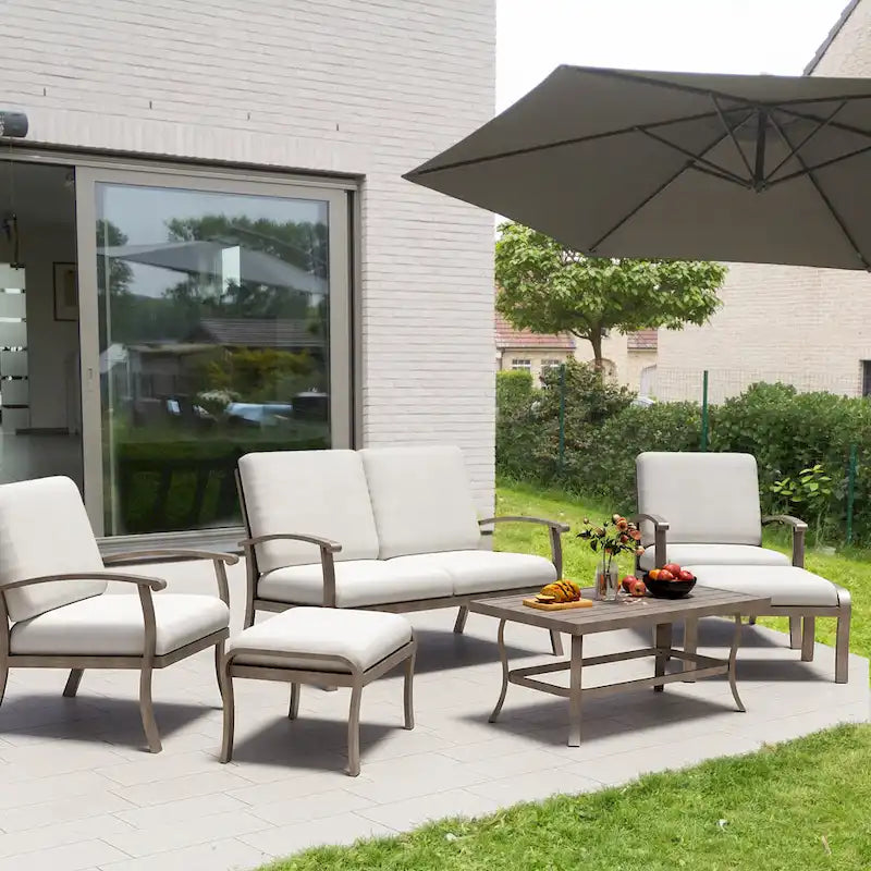Ensemble de conversation de patio en aluminium 6 pièces comprenant une table basse, un canapé deux places, un pouf et des coussins gris clair
