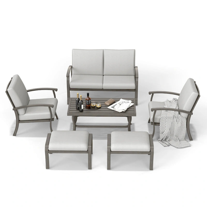 Ensemble de conversation de patio en aluminium 6 pièces comprenant une table basse, un canapé deux places, un pouf et des coussins gris clair