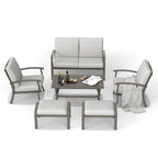Ensemble de conversation de patio en aluminium 6 pièces comprenant une table basse, un canapé deux places, un pouf et des coussins gris clair
