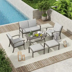 Ensemble de conversation de patio en aluminium 6 pièces comprenant une table basse, un canapé deux places, un pouf et des coussins gris clair
