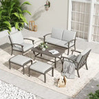 Ensemble de conversation de patio en aluminium 6 pièces comprenant une table basse, un canapé deux places, un pouf et des coussins gris clair
