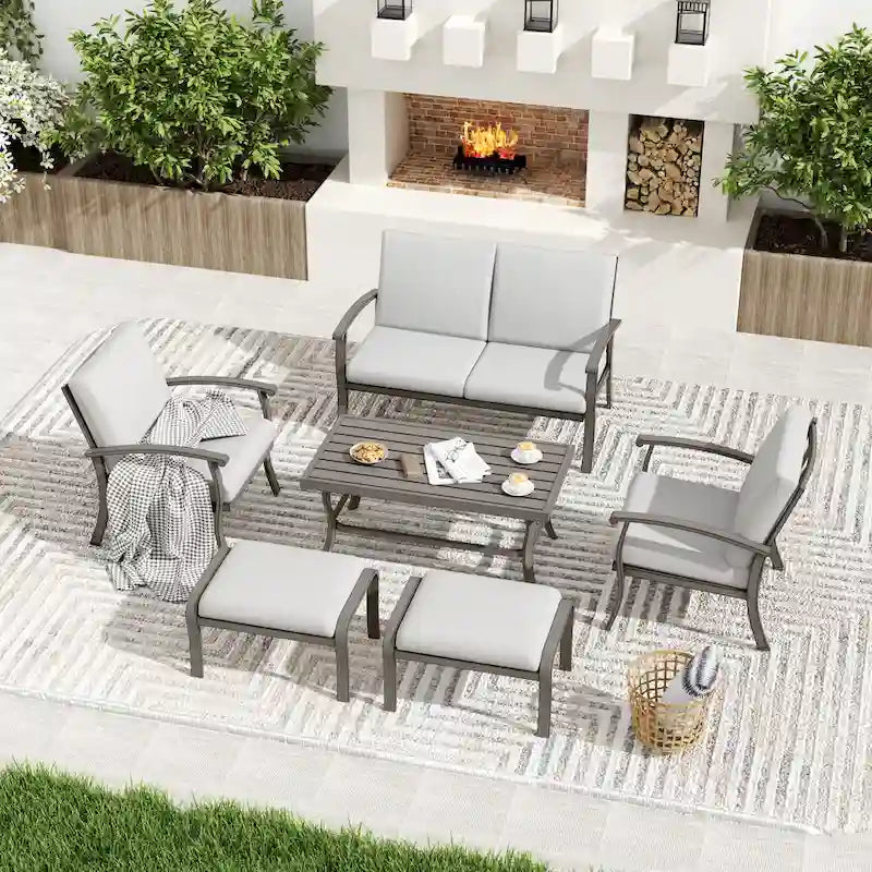 Ensemble de conversation de patio en aluminium 6 pièces comprenant une table basse, un canapé deux places, un pouf et des coussins gris clair