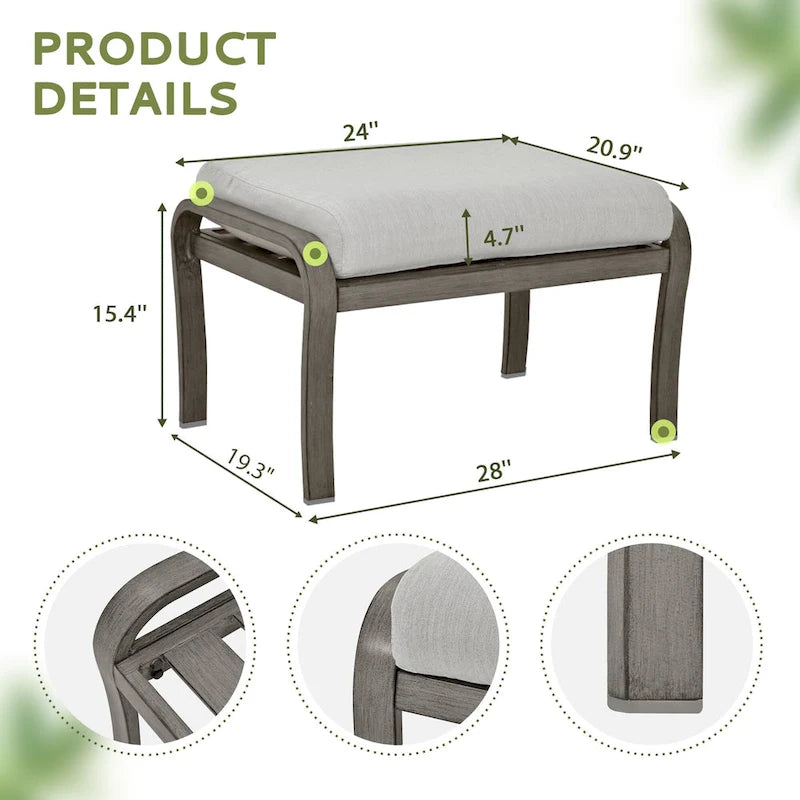 Ensemble de conversation de patio en aluminium 6 pièces comprenant une table basse, un canapé deux places, un pouf et des coussins gris clair