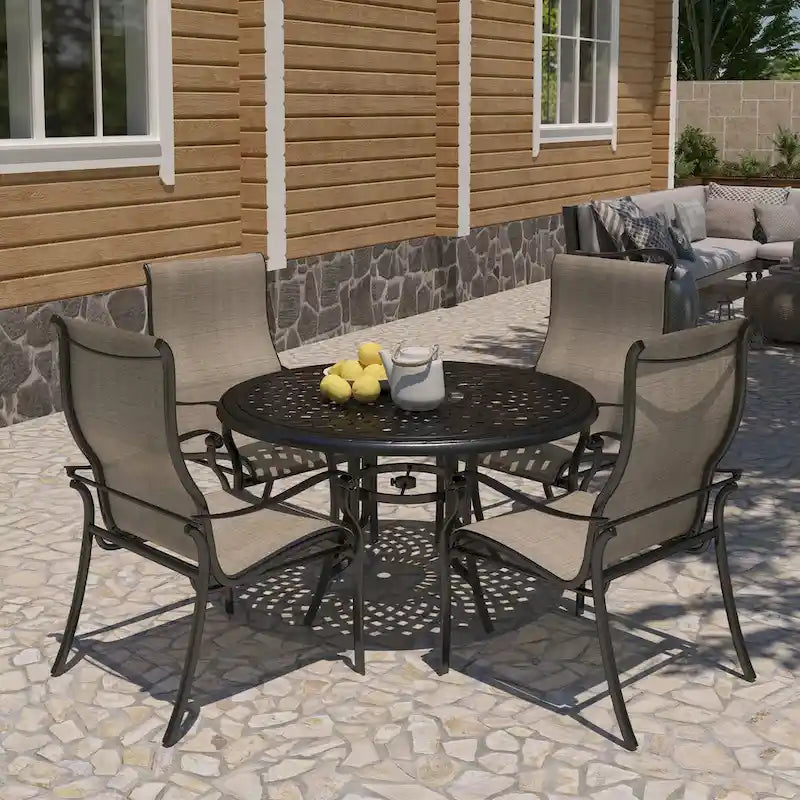Ensemble de salle à manger d'extérieur 5 pièces en aluminium moulé avec chaises en textilène