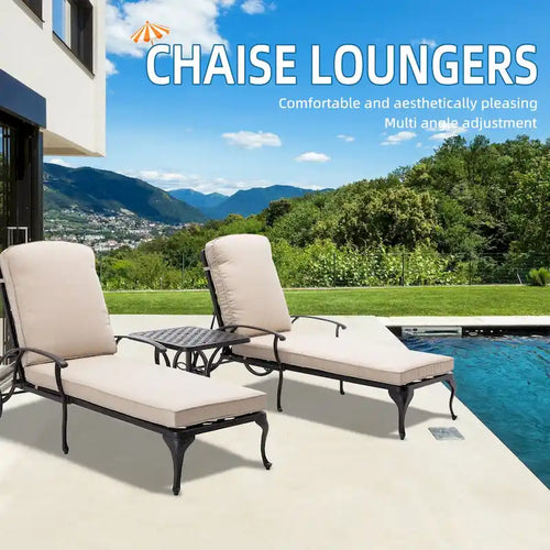 3-Piece Aluminum Reclining Outdoor Chaise Lounge with Cushions and Table