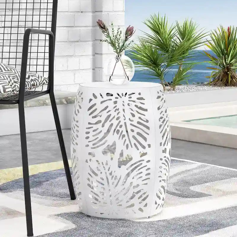 Metal Patio End Table,Round Side Table with Hollow Drum Design,Accent Table for Outdoor and Indoor Use