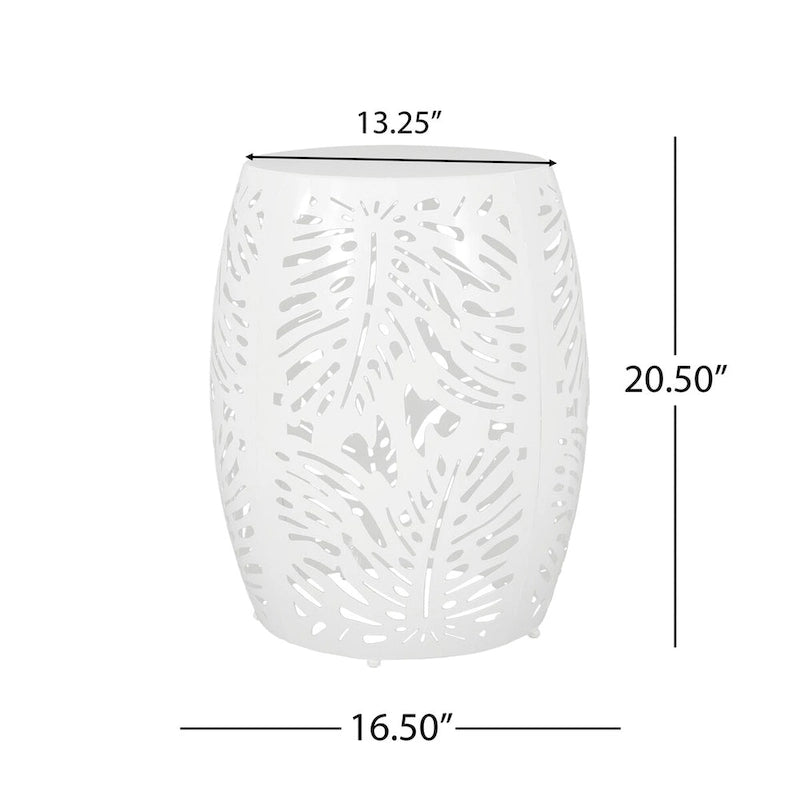 Table d'appoint ronde en métal pour terrasse, avec un design cylindrique ajouré, idéale pour l'intérieur et l'extérieur.