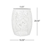 Table d'appoint ronde en métal pour terrasse, avec un design cylindrique ajouré, idéale pour l'intérieur et l'extérieur.