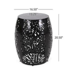 Table d'appoint ronde en métal pour terrasse, avec un design cylindrique ajouré, idéale pour l'intérieur et l'extérieur.