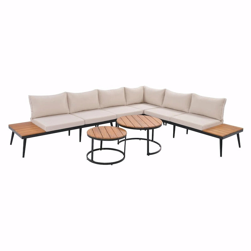 Ensemble de canapé d'angle d'extérieur 6 pièces avec tables basses gigognes et assises rembourrées