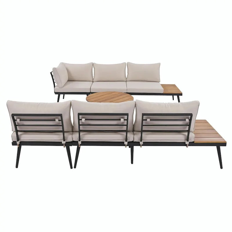 Ensemble de canapé d'angle d'extérieur 6 pièces avec tables basses gigognes et assises rembourrées