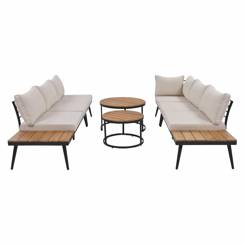 Ensemble de canapé d'angle d'extérieur 6 pièces avec tables basses gigognes et assises rembourrées