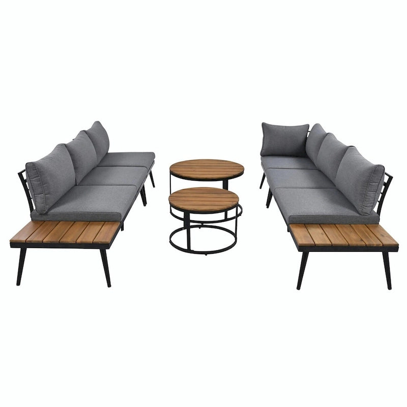Ensemble de canapé d'angle d'extérieur 6 pièces avec tables basses gigognes et assises rembourrées