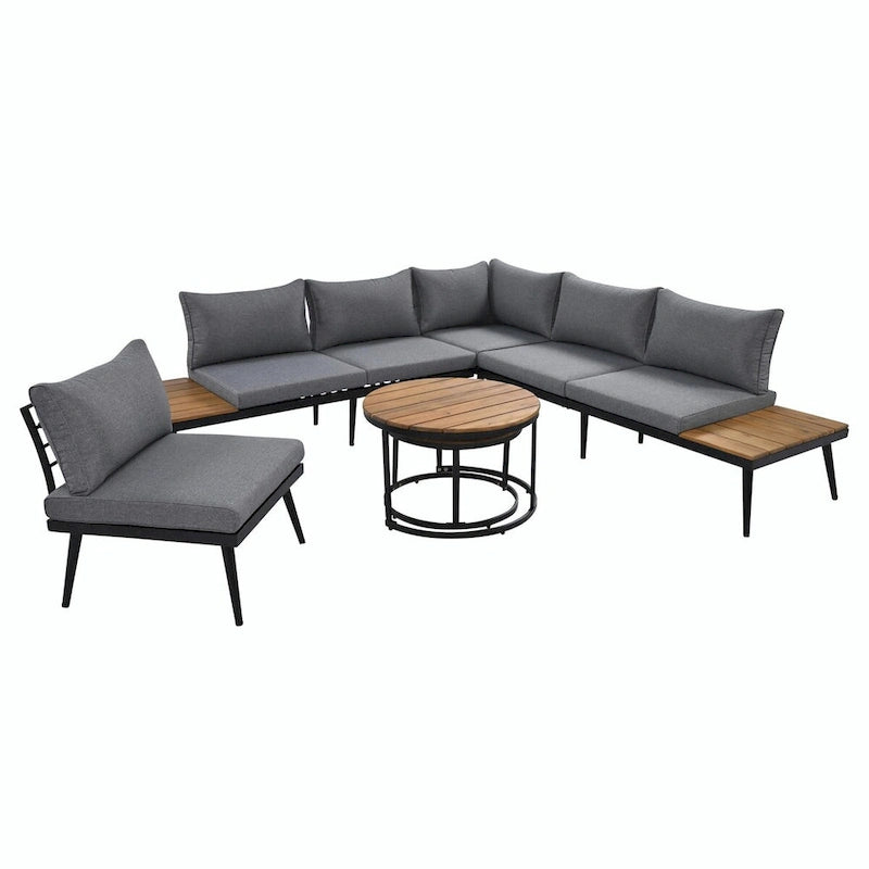 Ensemble de canapé d'angle d'extérieur 6 pièces avec tables basses gigognes et assises rembourrées