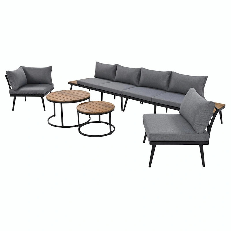 Ensemble de canapé d'angle d'extérieur 6 pièces avec tables basses gigognes et assises rembourrées