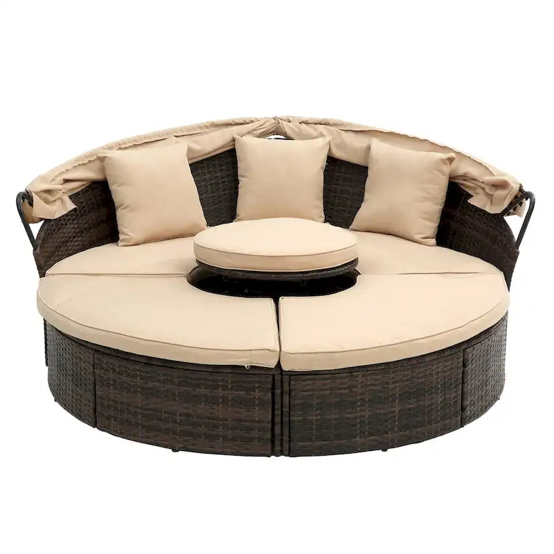 Lit de jour d'extérieur beige avec auvent réglable et design convertible