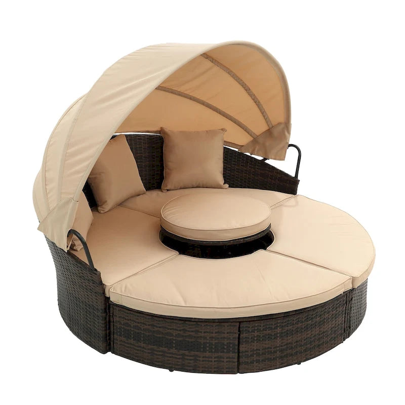 Lit de jour d'extérieur beige avec auvent réglable et design convertible