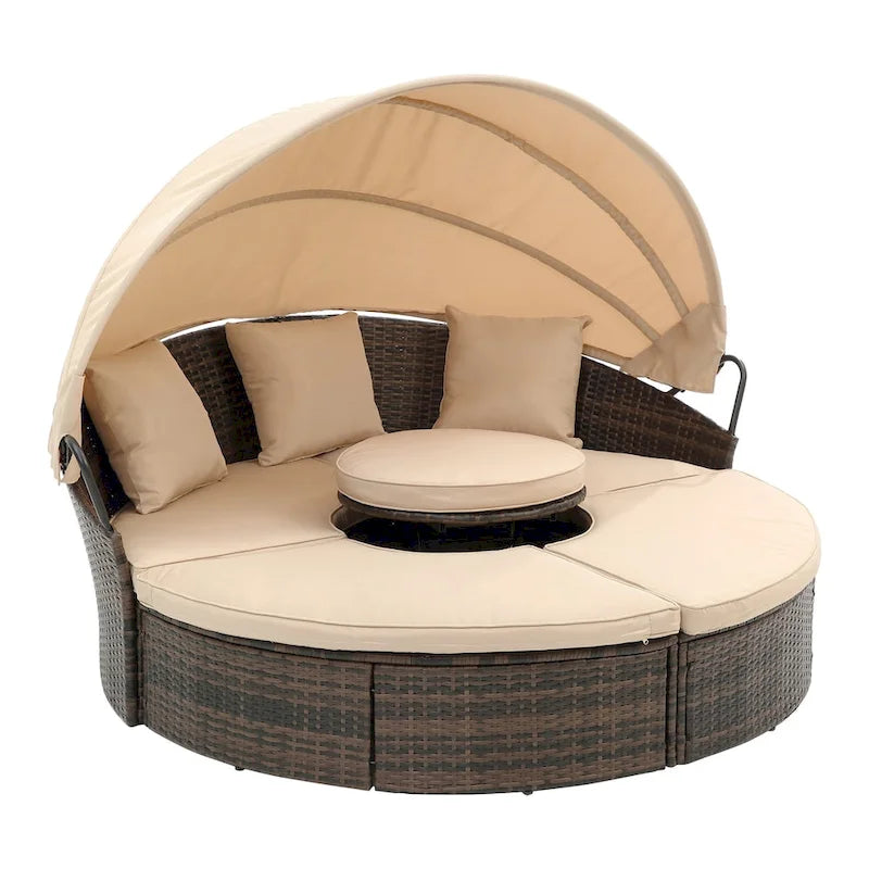 Lit de jour d'extérieur beige avec auvent réglable et design convertible