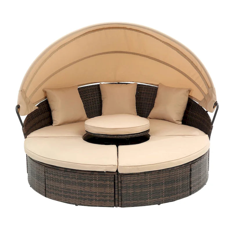 Lit de jour d'extérieur beige avec auvent réglable et design convertible