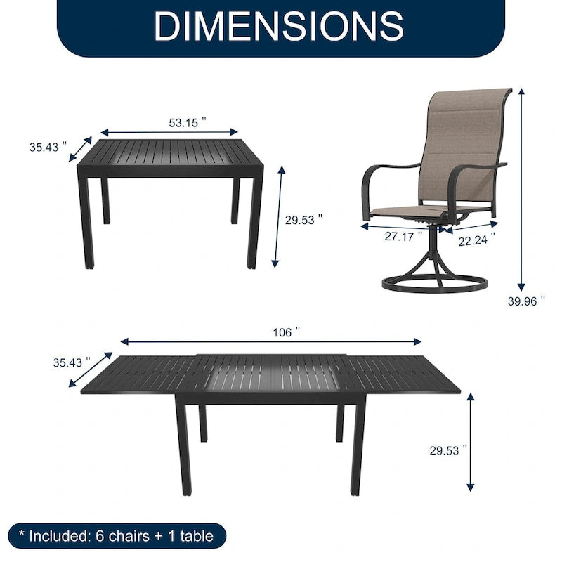 Ensemble de salle à manger d'extérieur 7 pièces avec 1 table extensible