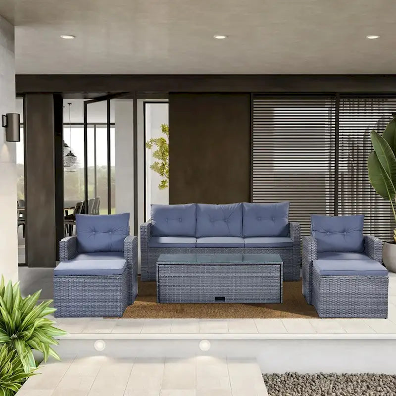 Ensemble de mobilier de jardin 6 pièces en rotin tressé avec canapé d'angle et table basse