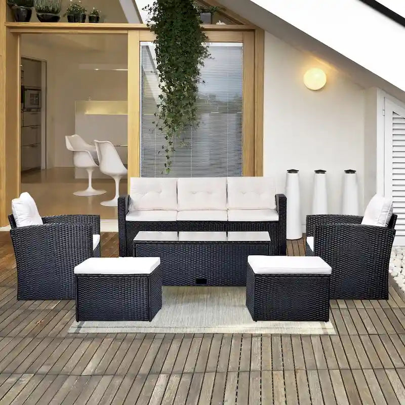 Ensemble de mobilier de jardin 6 pièces en rotin tressé avec canapé d'angle et table basse