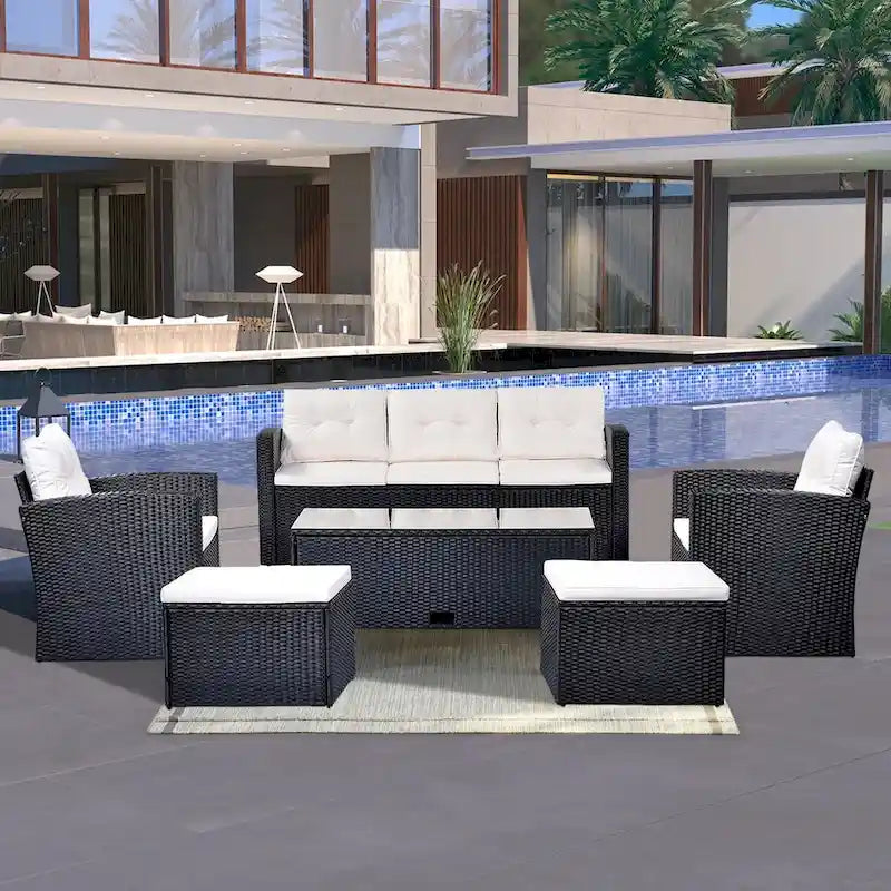 Ensemble de mobilier de jardin 6 pièces en rotin tressé avec canapé d'angle et table basse
